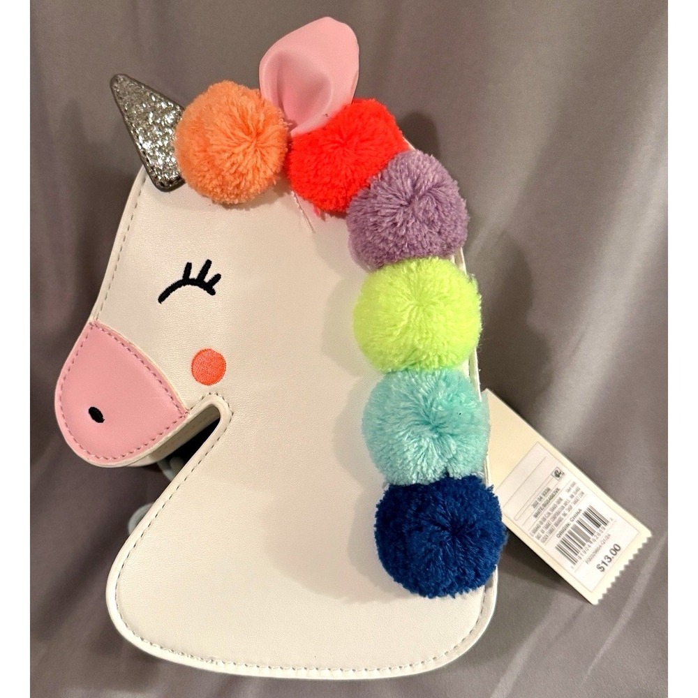Cat & Jack Unicorn Crossbody Bag White NEW Rainbow Pom Pom